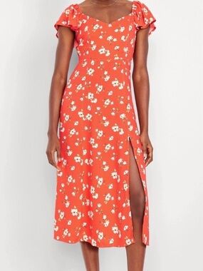 Old Navy red floral flutter sleeve midi dress with a side slit